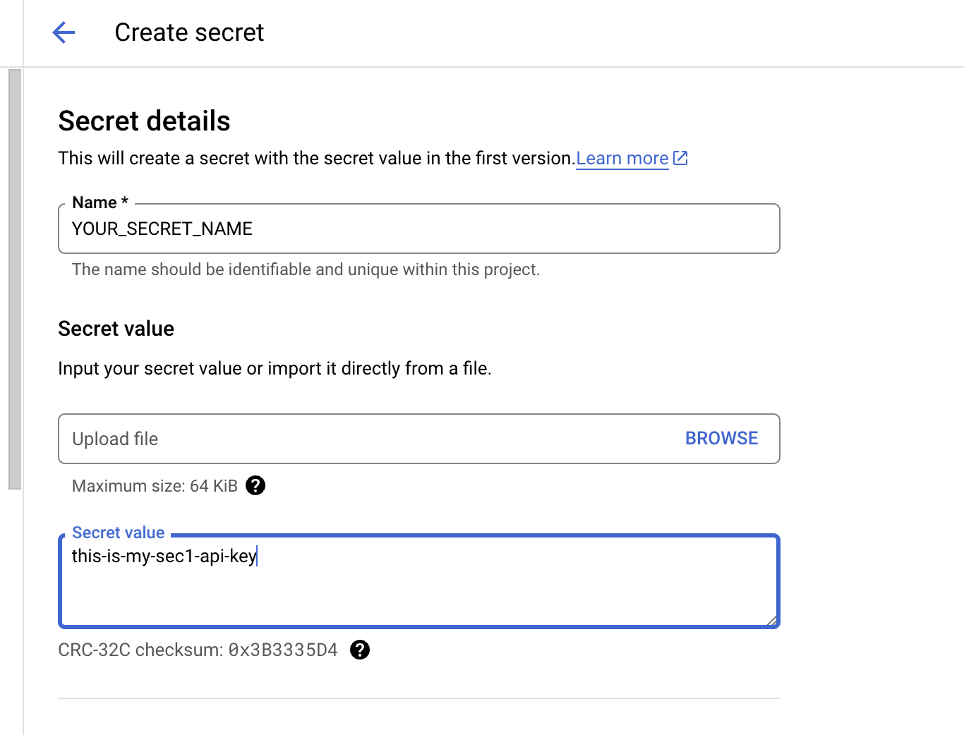 Create Secret configuration